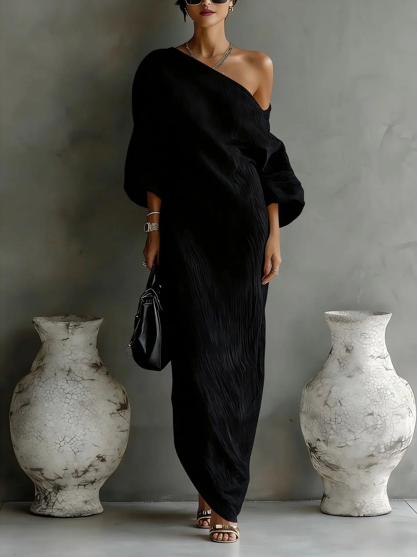 Women's One-Shoulder Maxi Dress - Black