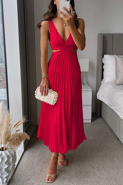 Women's Pleated Satin Wedding Guest Maxi Dress - Red