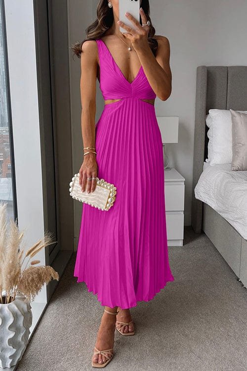 Women's Pleated Satin Wedding Guest Maxi Dress - Pink