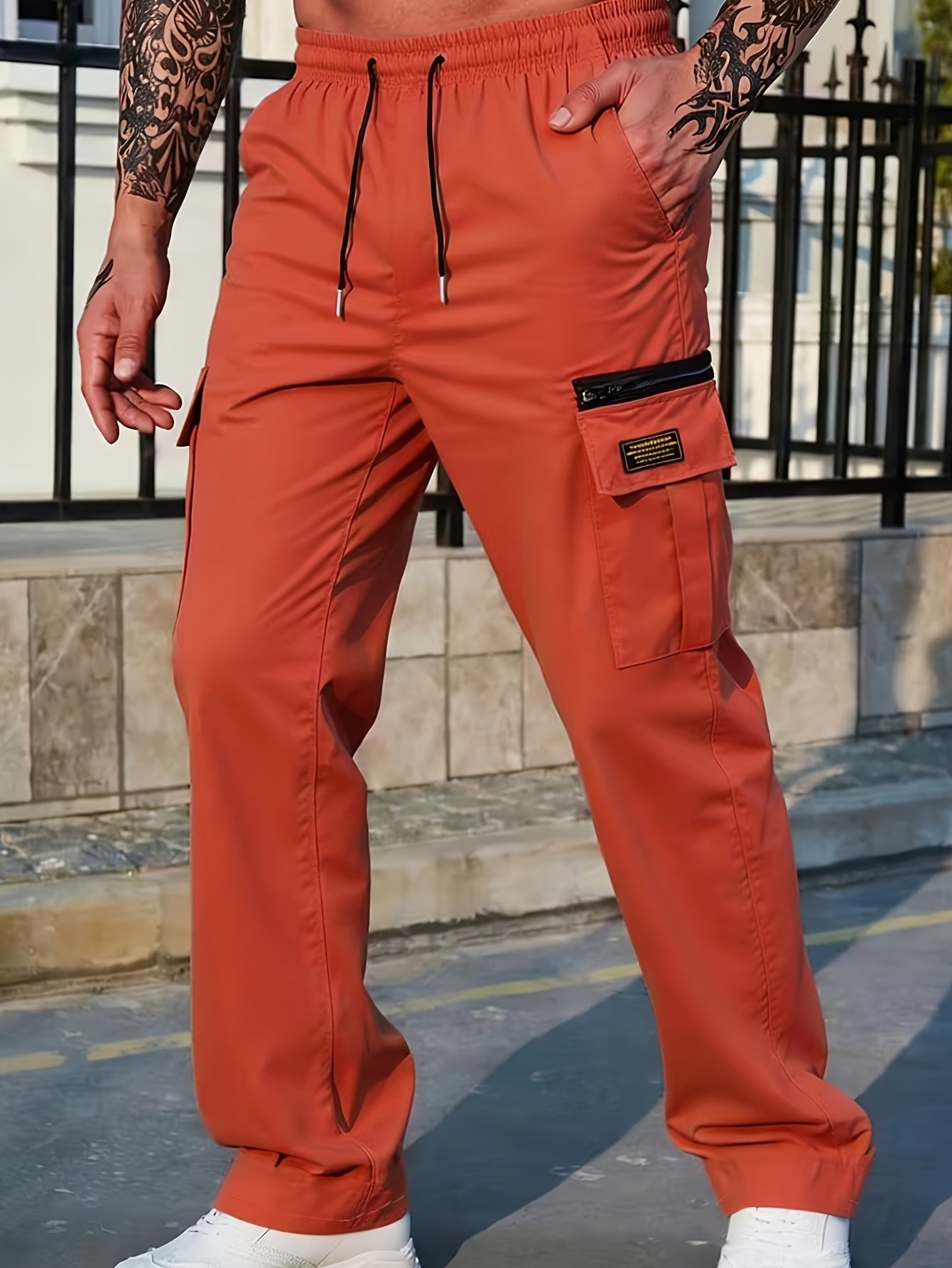 Men's Straight-Fit Cargo Pants - Red Orange