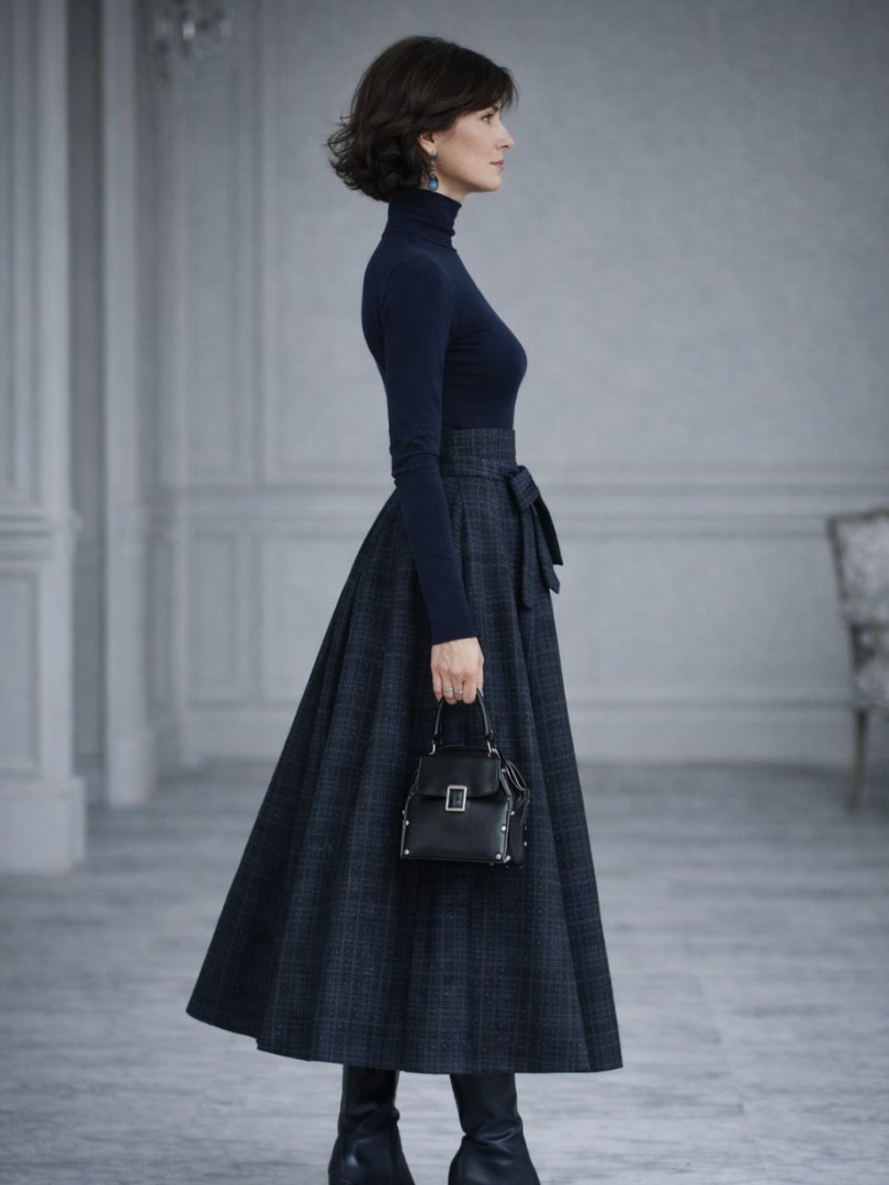 Women's High-Waisted Plaid Midi Skirt