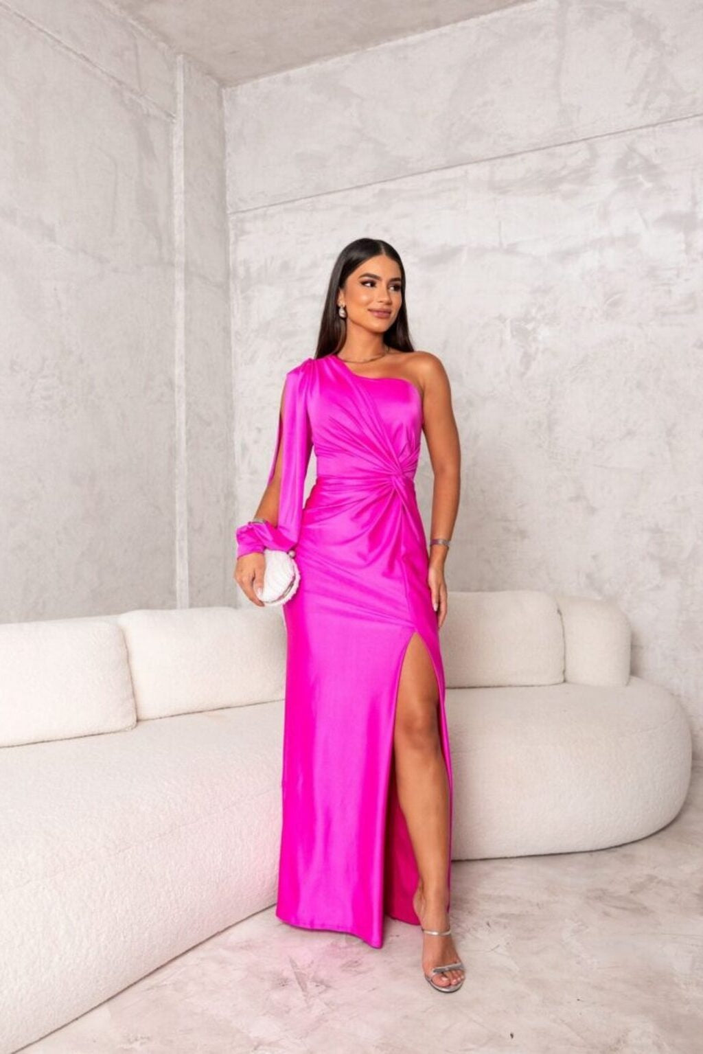 One Shoulder Maxi Dress - Magenta