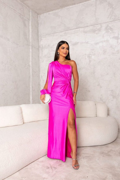 One Shoulder Maxi Dress - Magenta