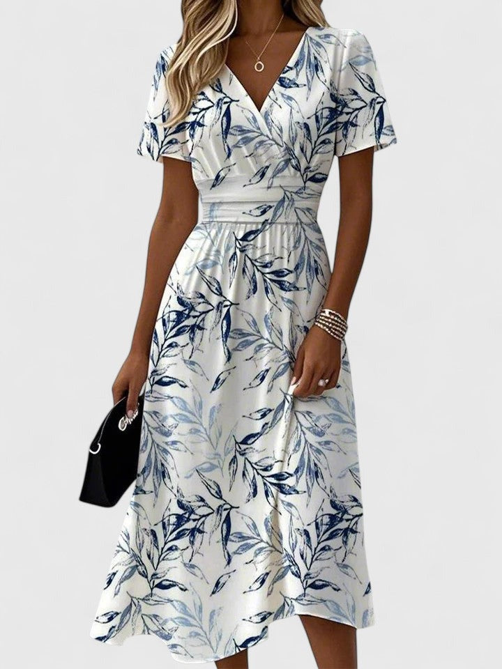 Floral V Neck Midi Dress - White