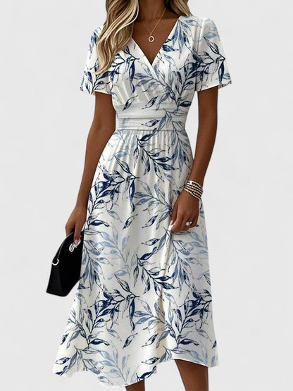 Floral V Neck Midi Dress - White