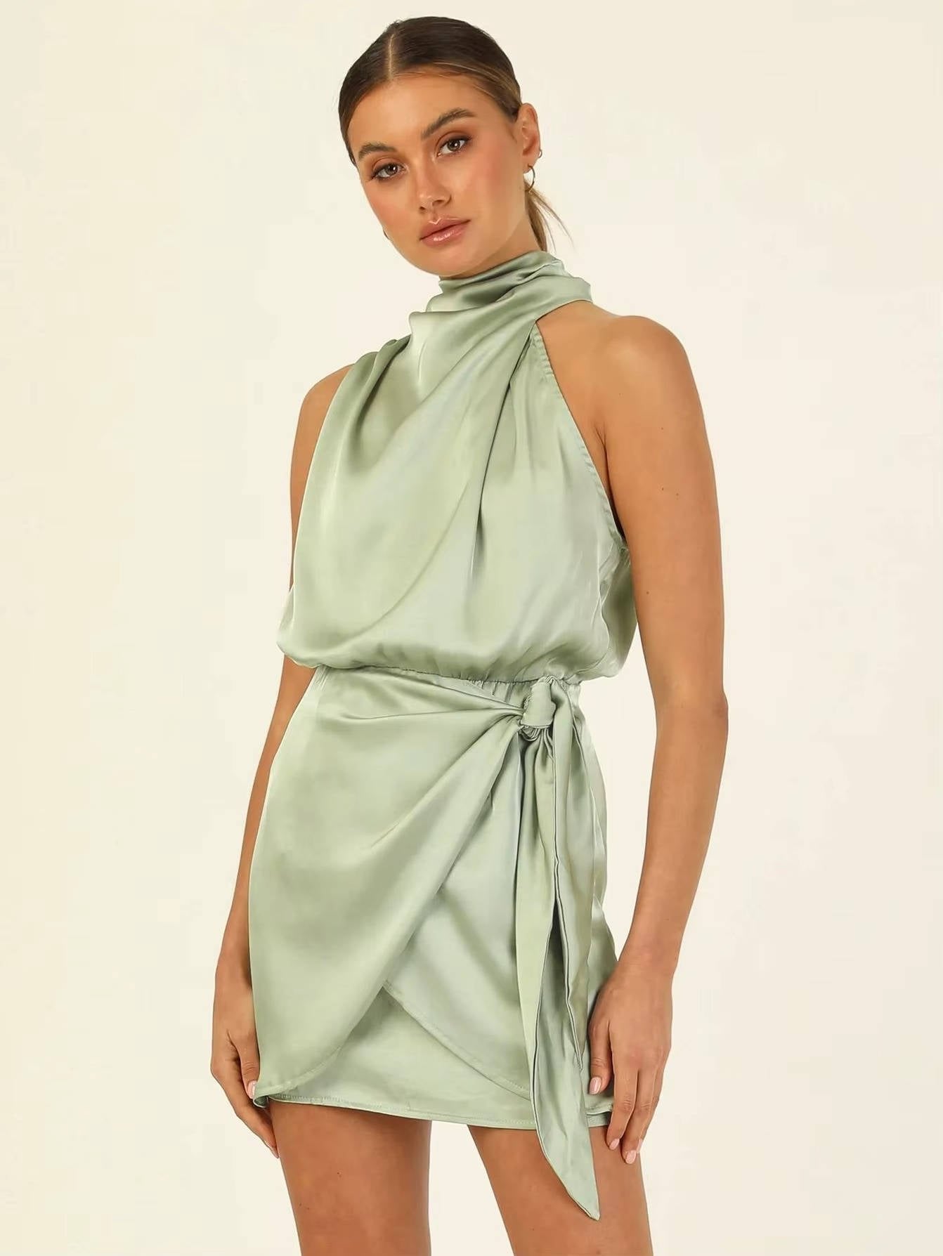 Women's Halter Satin Mini Dress - Light Green