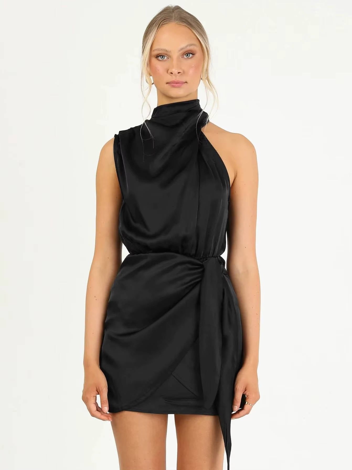 Women's Halter Satin Mini Dress - Black