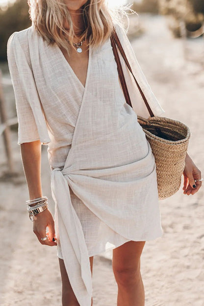 Short Sleeve Wrap Mini Dress - Beige