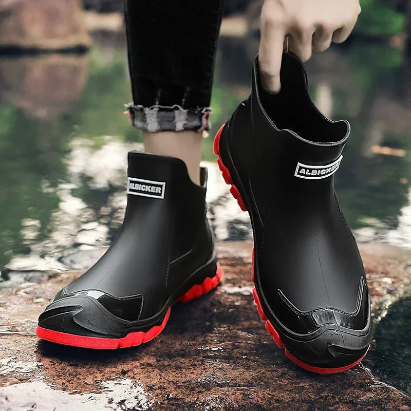 Waterproof Ankle Rain Boots - Black/Red