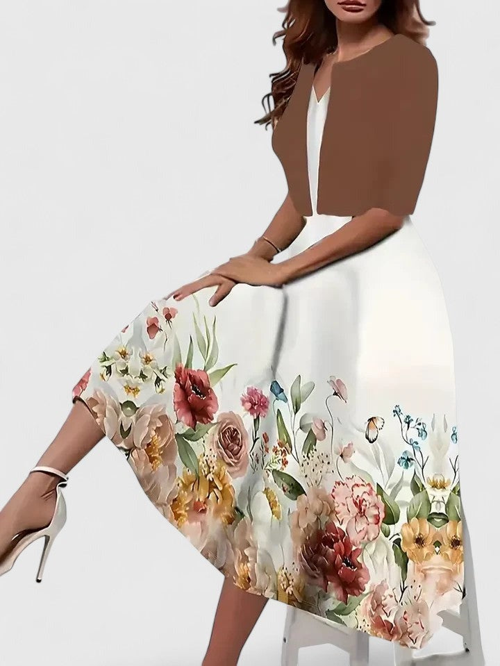 Floral A Line Midi Dress - Coffee
