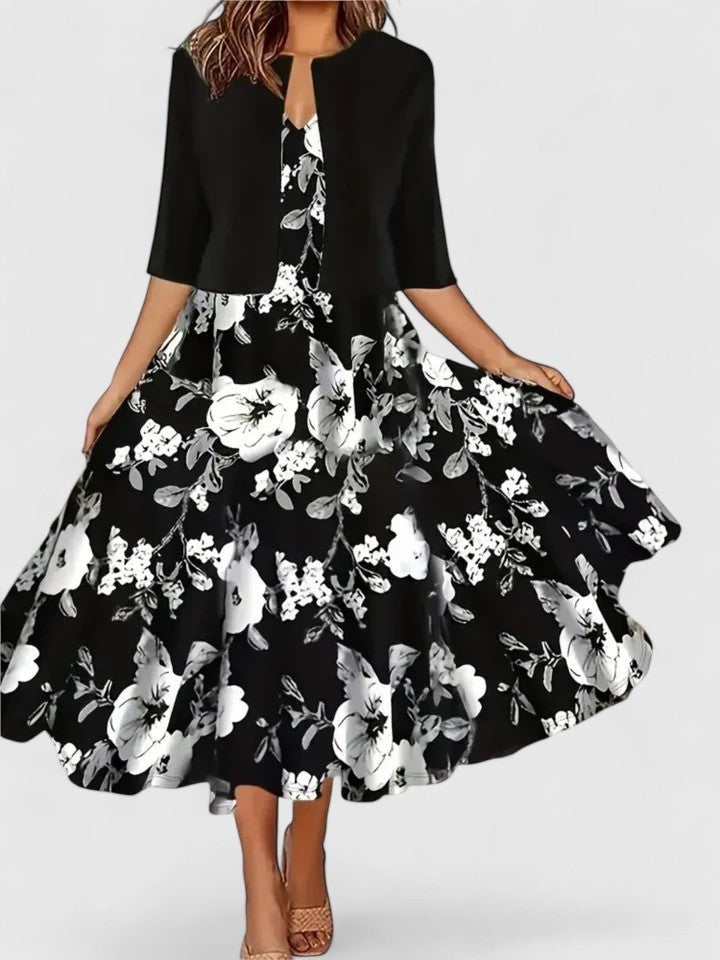 Floral A Line Midi Dress - Black