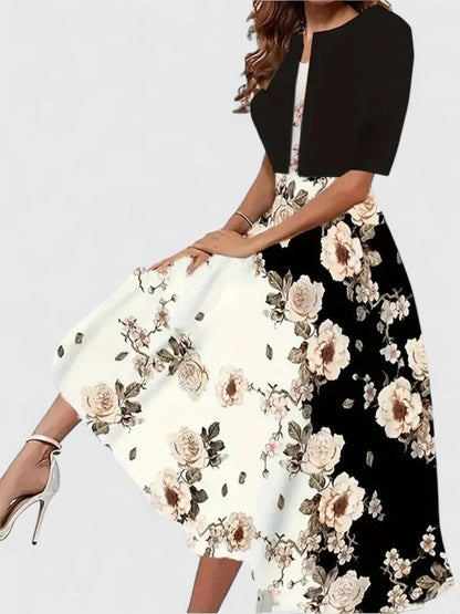 Floral A Line Midi Dress - Black-big Floral