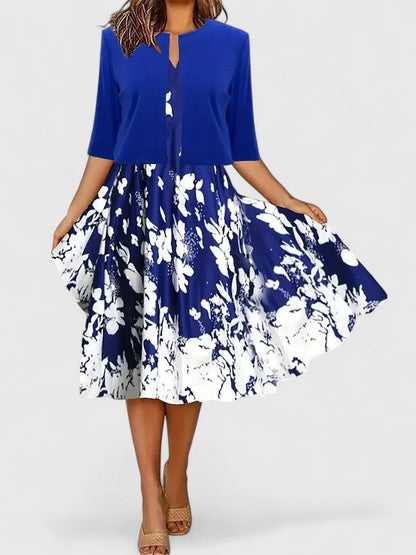 Floral A Line Midi Dress - Blue