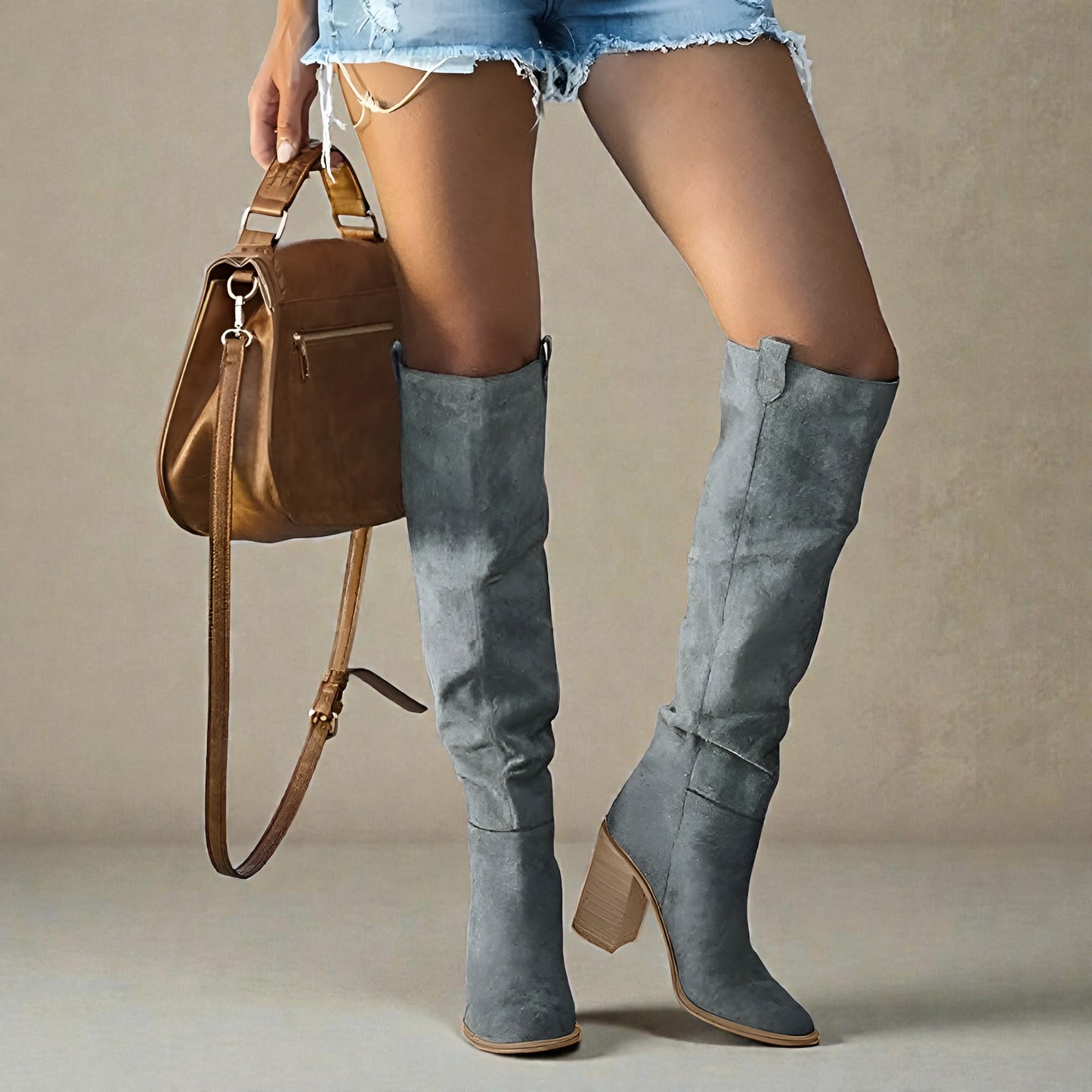 Heeled Knee High Boots - Gray