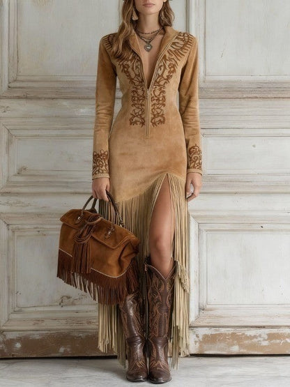 Fringe Maxi Dress - Light brown