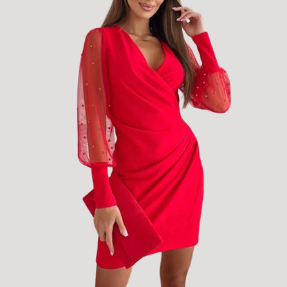 Mesh Sleeve Bodycon Mini Dress - Red
