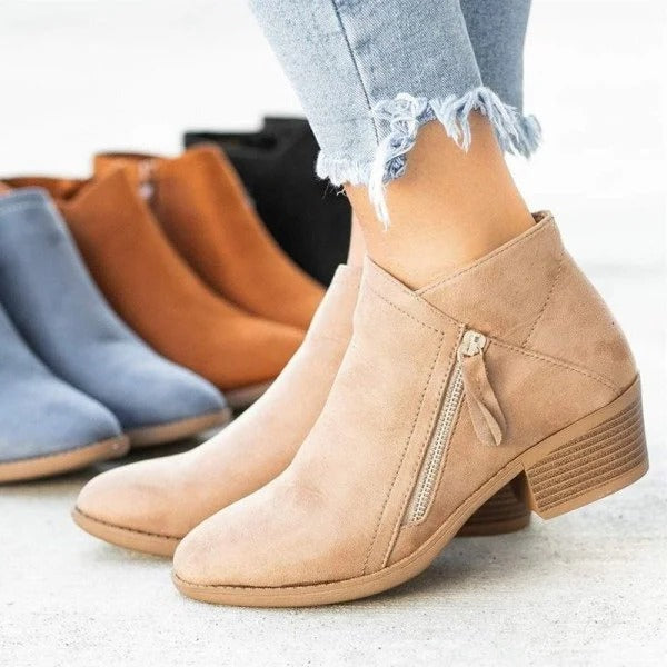 Block Heel Ankle Boots - Beige