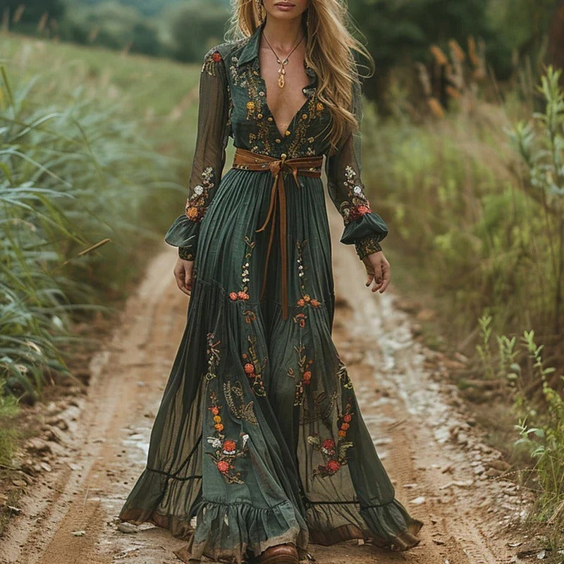 Boho Floral Maxi Dress - Green