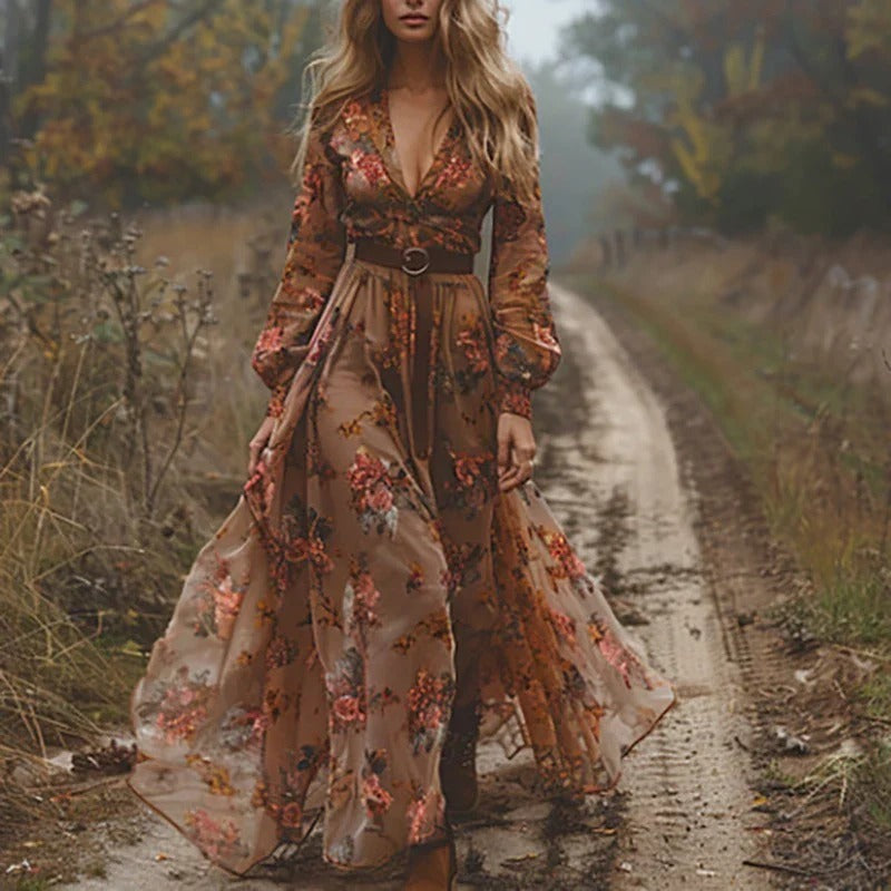 Boho Floral Maxi Dress - Brown