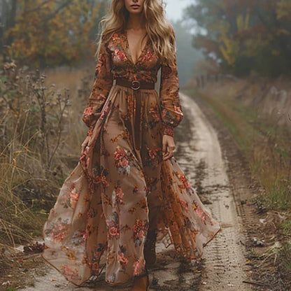 Boho Floral Maxi Dress - Brown