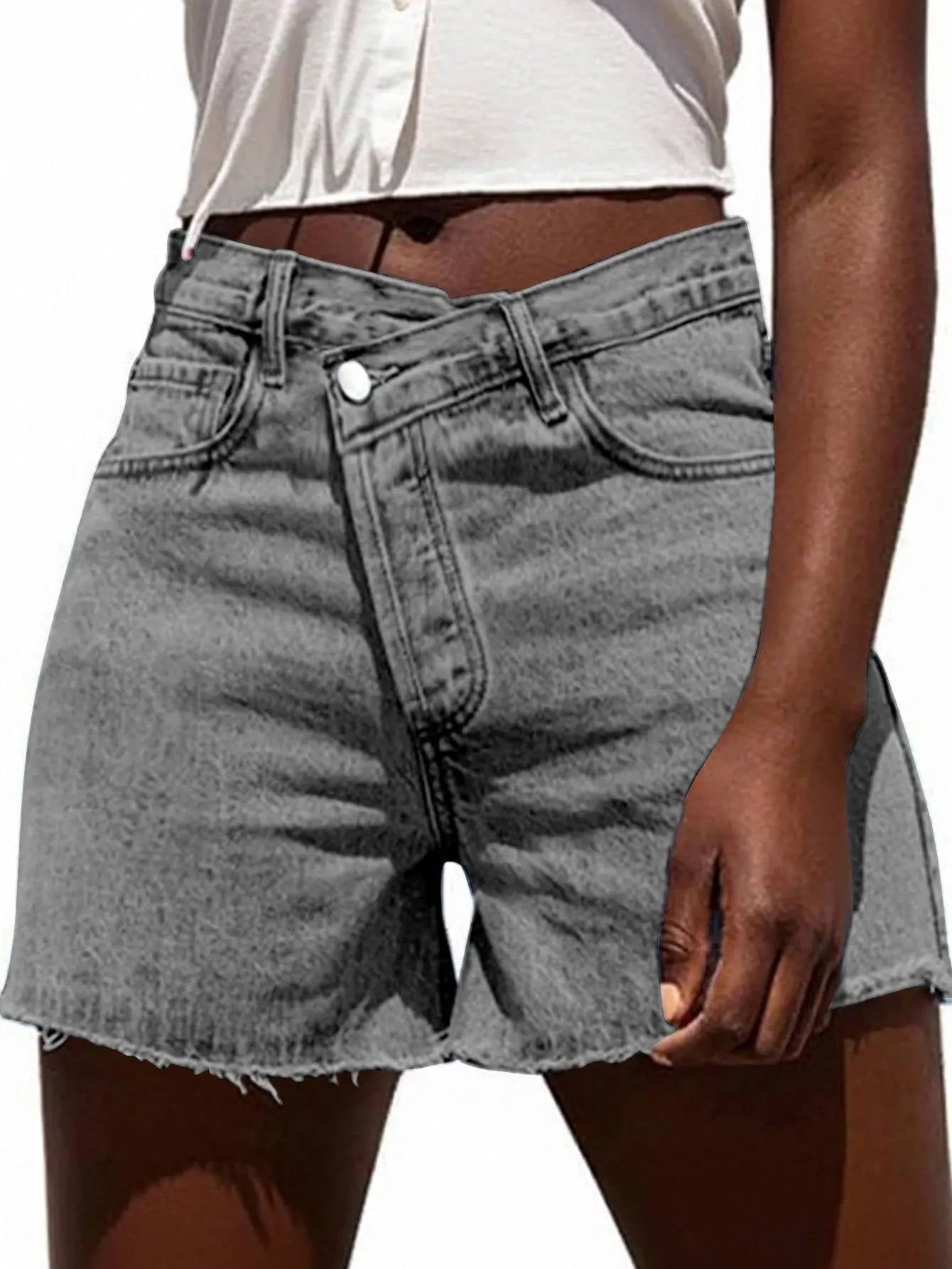 Women's High-Waisted Denim Shorts - Gray