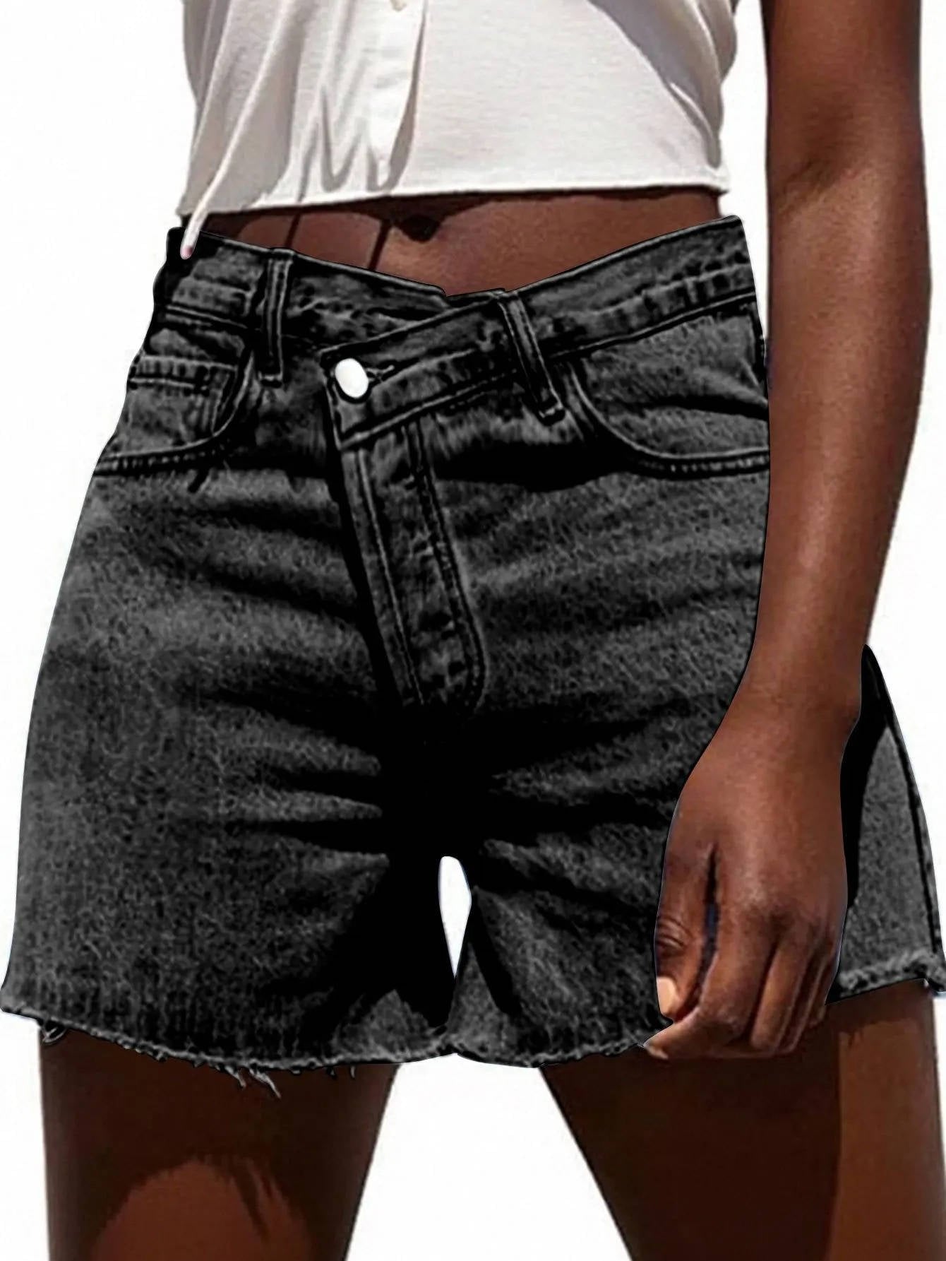 Women's High-Waisted Denim Shorts - Black