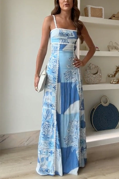 Printed Vacation Maxi Dress - Light Blue