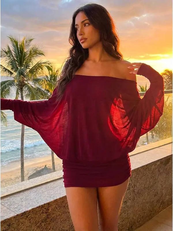 Women's Off-Shoulder Bodycon Mini Dress - Wine Red
