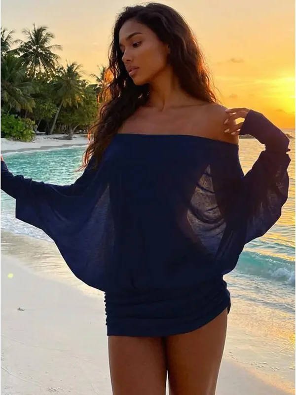 Women's Off-Shoulder Bodycon Mini Dress - Navy Blue