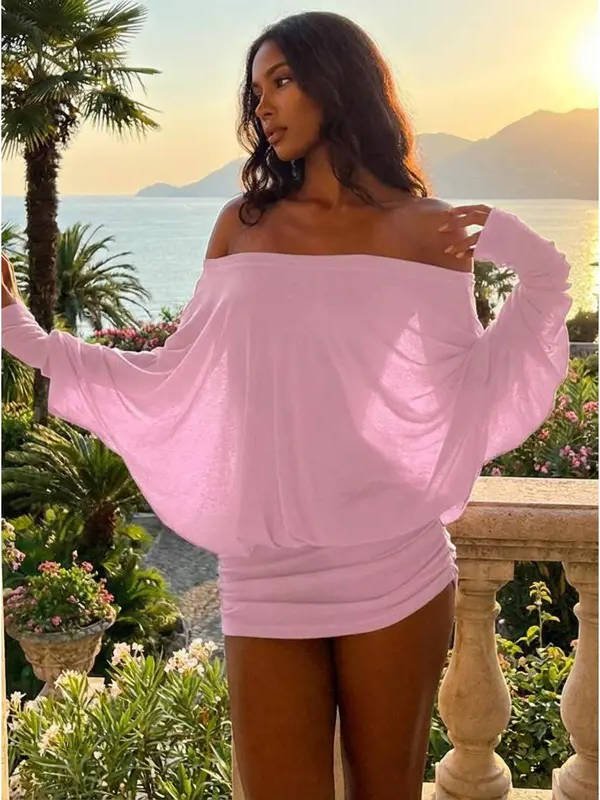 Women's Off-Shoulder Bodycon Mini Dress - Pink