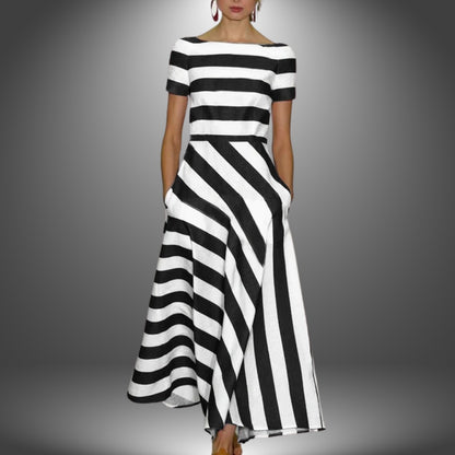Striped A Line Maxi Dress - Black