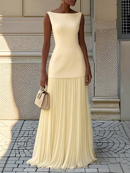 Formal Pleated Maxi Dress - Light Yellow