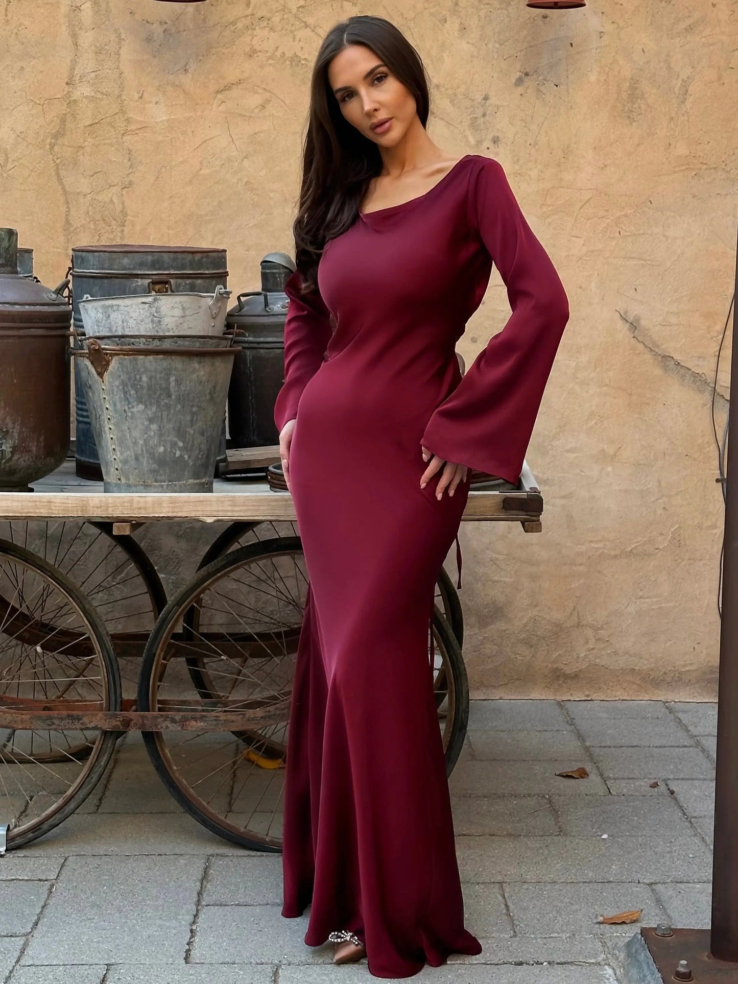 Long Sleeve Bodycon Maxi Dress - Burgundy