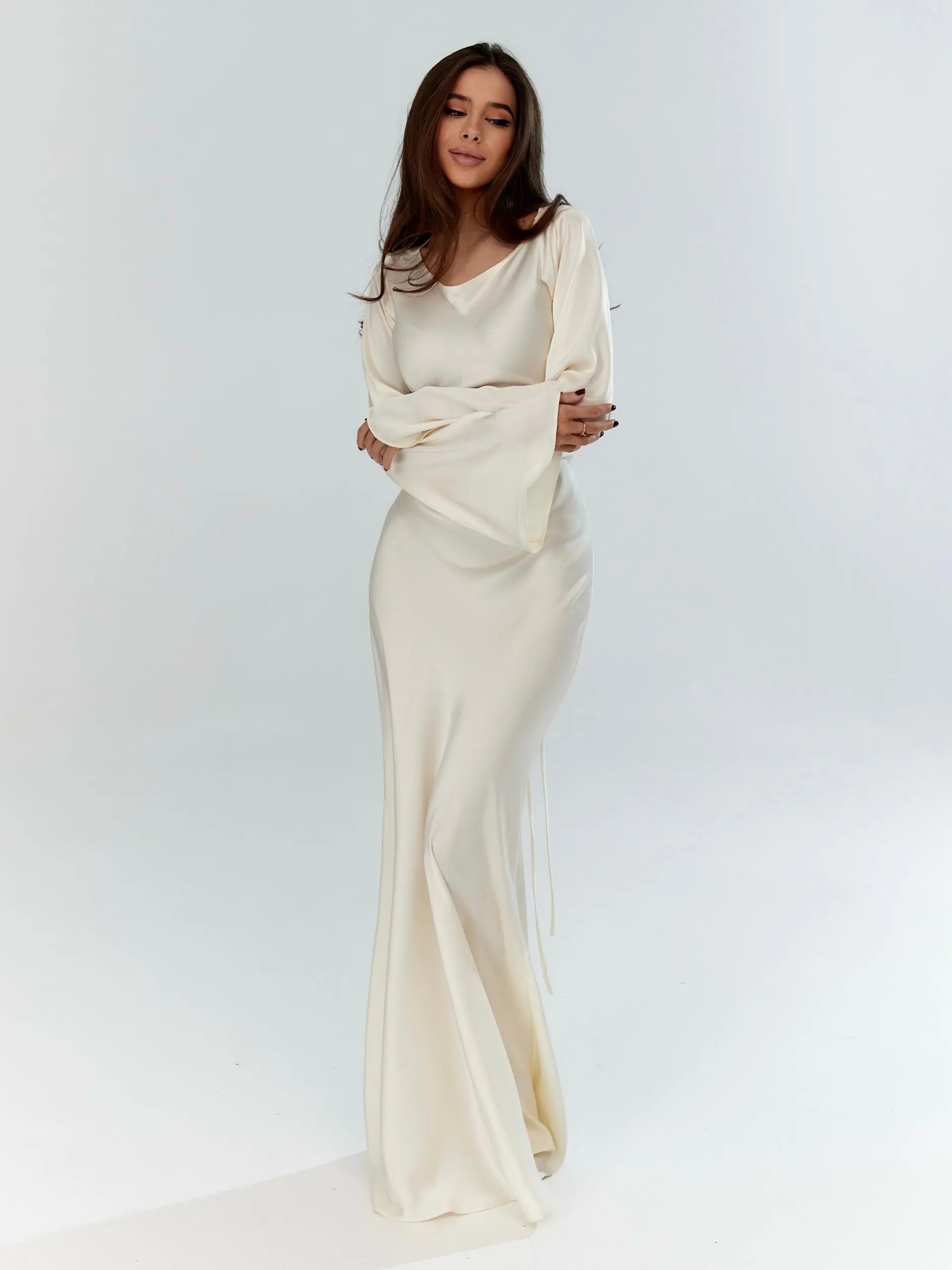Long Sleeve Bodycon Maxi Dress - Cream