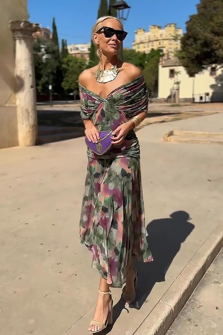 Formal Off Shoulder Midi Dress - Multicolor