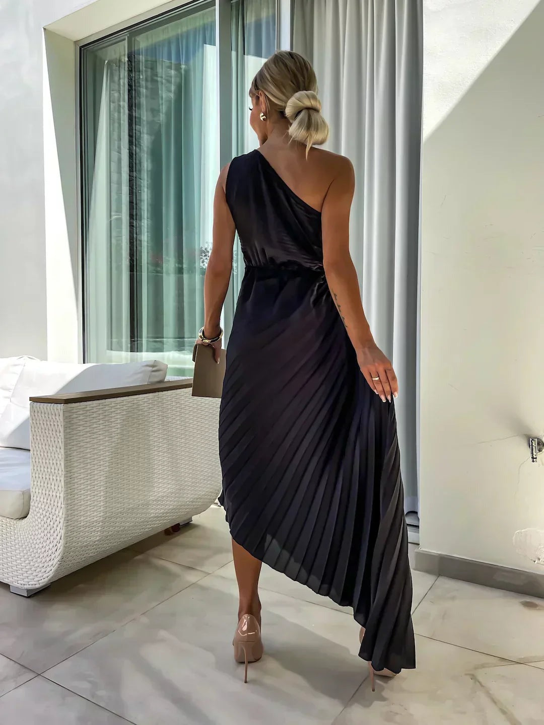 One Shoulder Pleated Midi Dress
