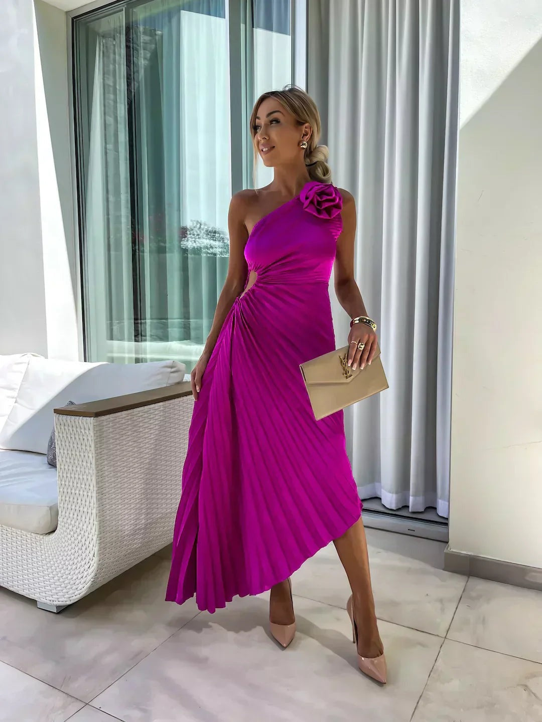One Shoulder Pleated Midi Dress - Purple