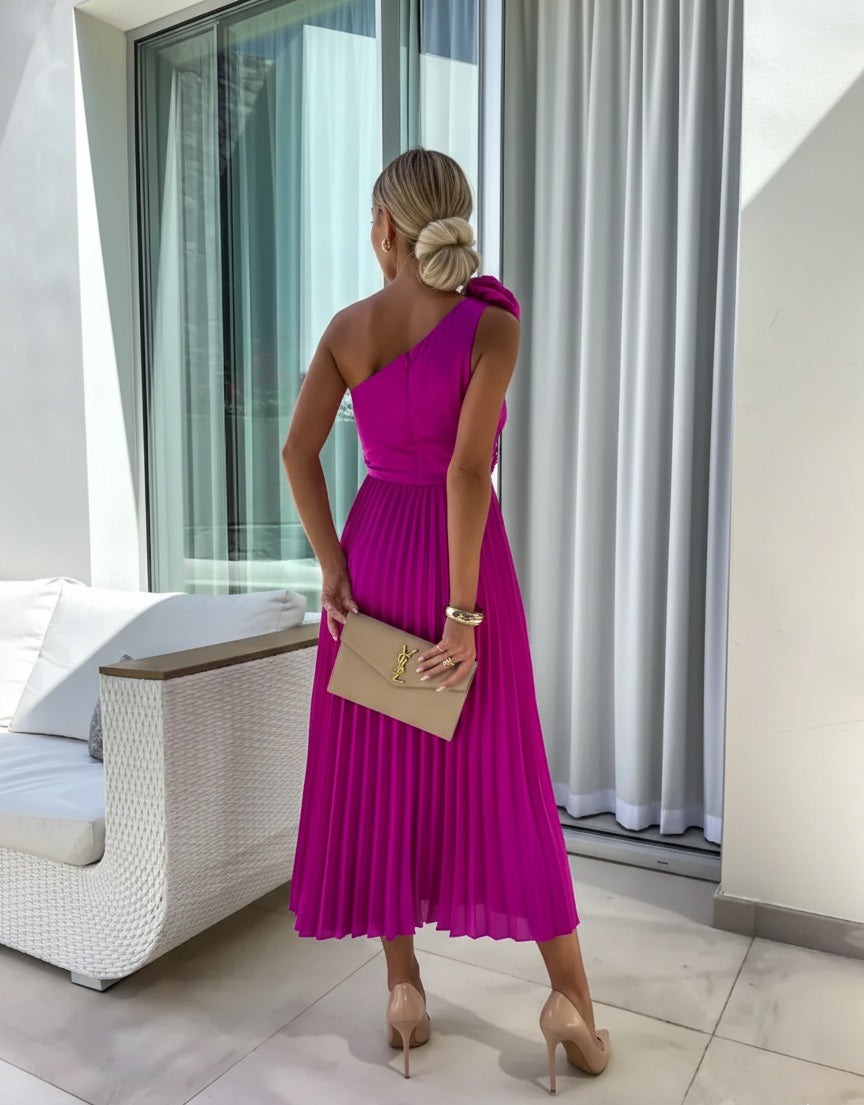 One Shoulder Pleated Midi Dress
