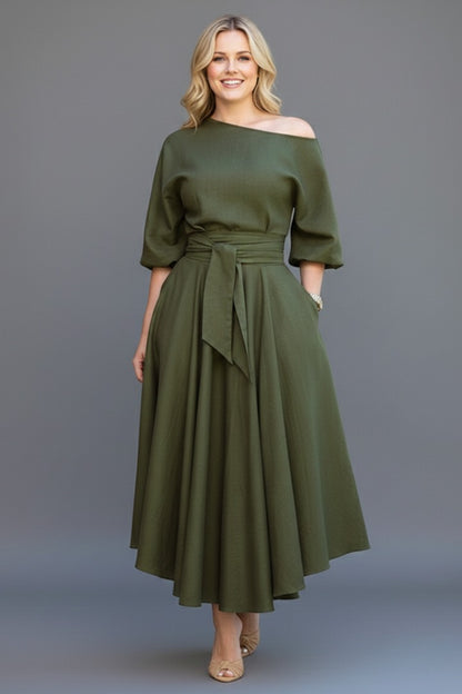Off Shoulder A Line Midi Dress - Green