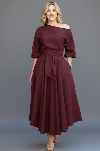Off Shoulder A Line Midi Dress - Burgundy