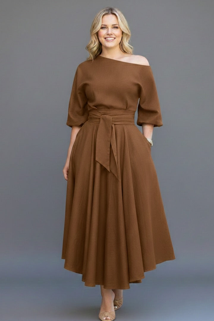 Off Shoulder A Line Midi Dress - Khaki