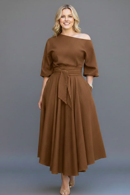 Off Shoulder A Line Midi Dress - Khaki