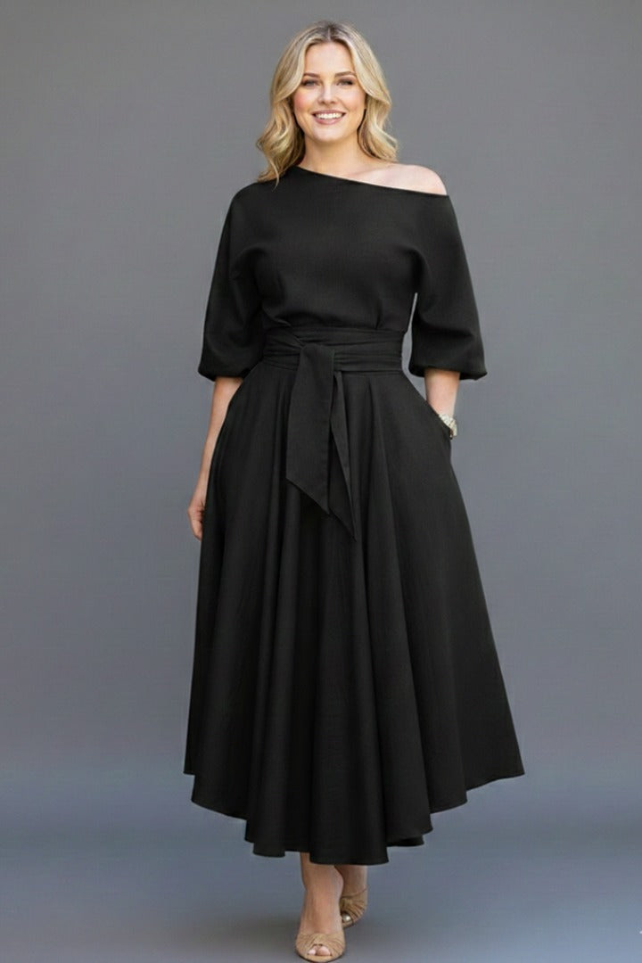 Off Shoulder A Line Midi Dress - Black
