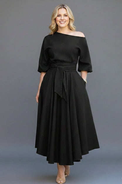 Off Shoulder A Line Midi Dress - Black