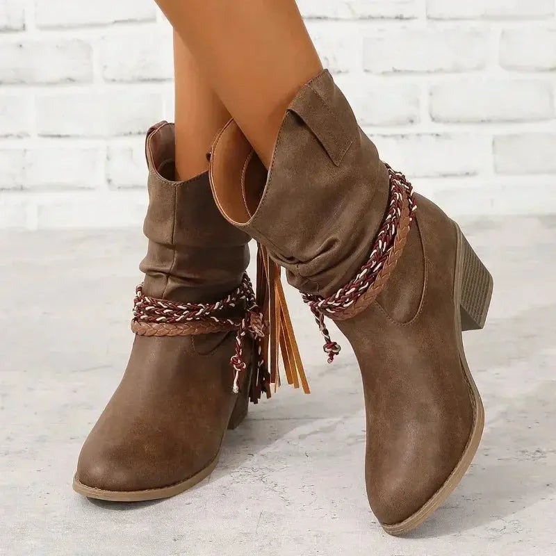 Western Heeled Ankle Boots - Dark Brown A