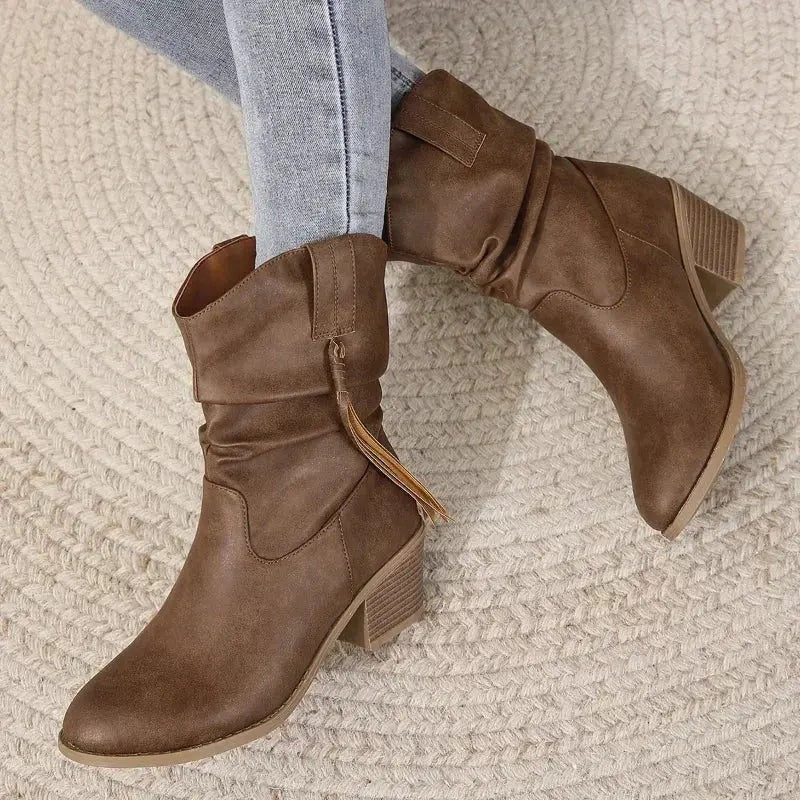 Western Heeled Ankle Boots - Dark Brown B