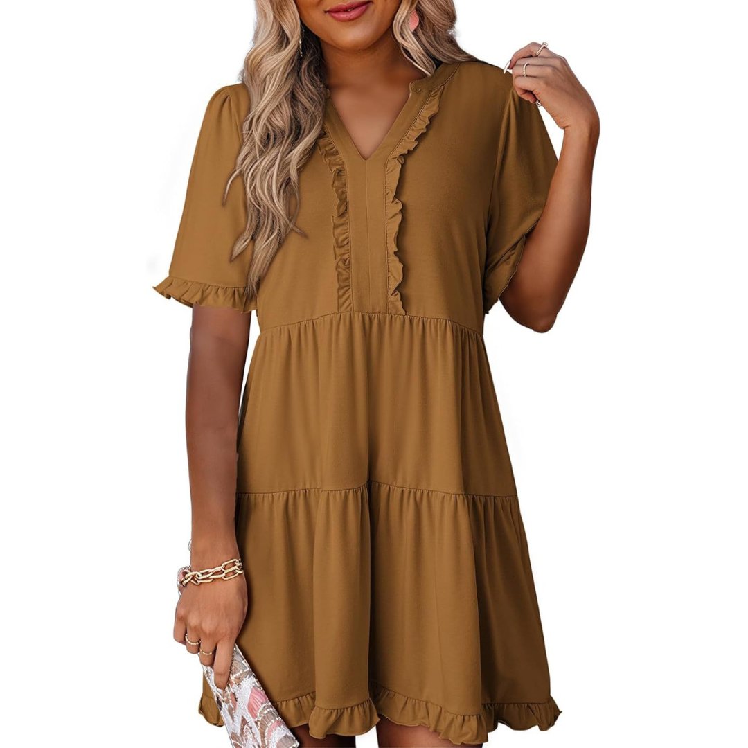 Women's Chiffon Mini Dress - Brown