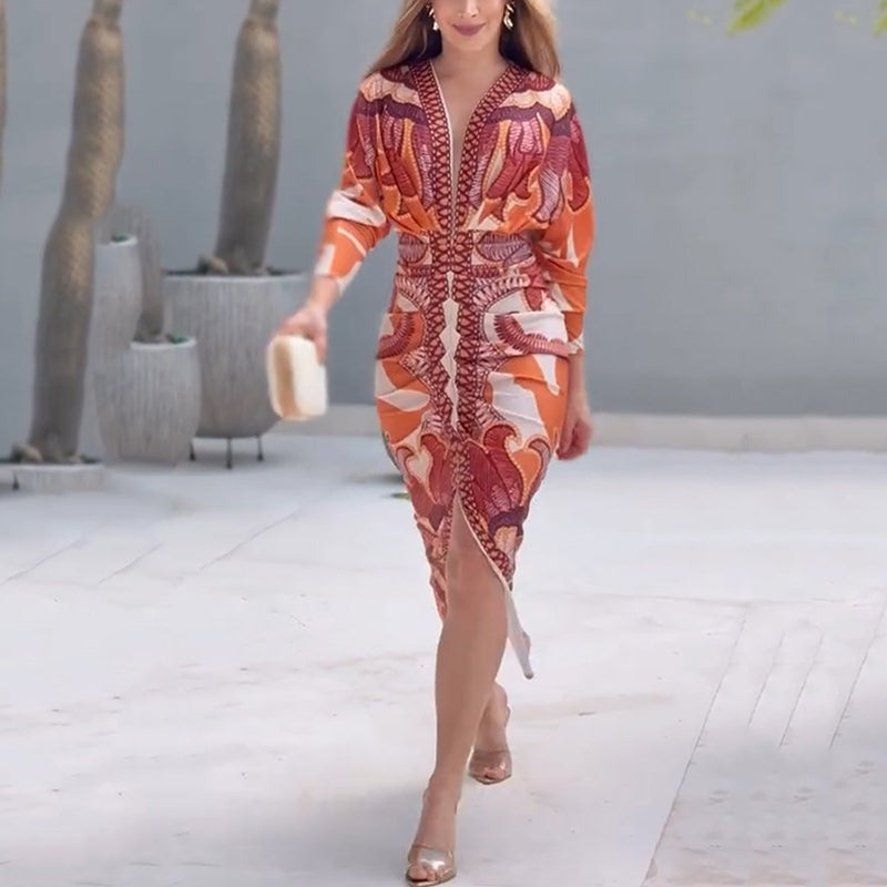 Printed Wrap Midi Dress