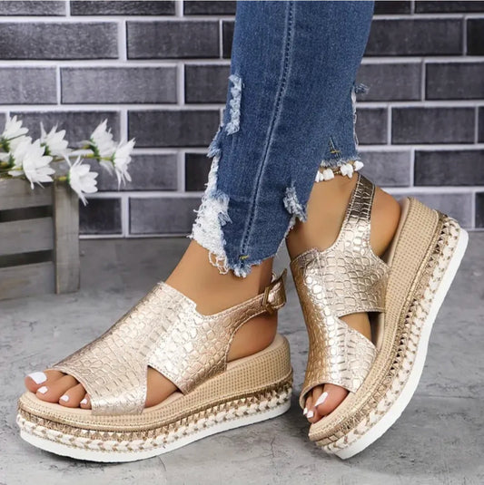 Platform Espadrille Wedge Sandals - Gold