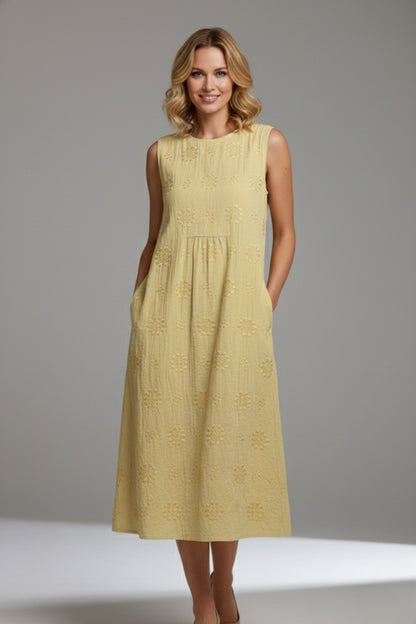 Sleeveless A Line Midi Dress - Light Yellow